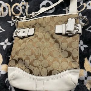 White leather/tan monogram canvas Coach shoulder